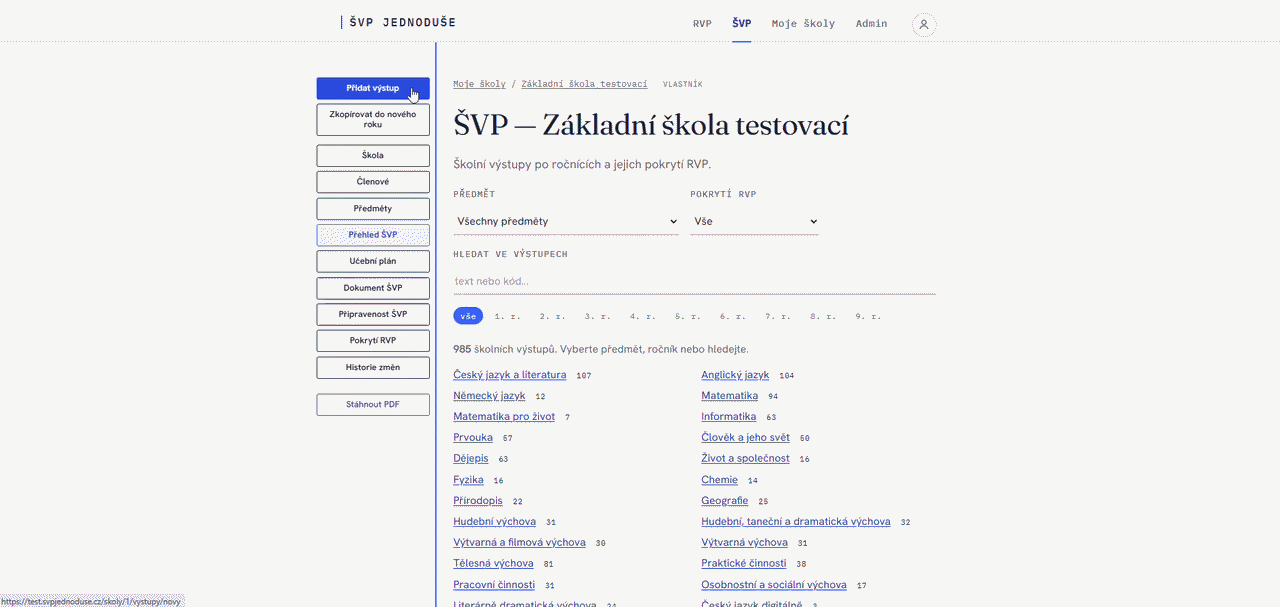 Ukázka: vytváření školních výstupů pro předmět a ročník